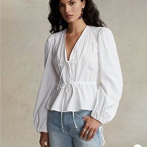 Smocked Drawstring-Peplum Cotton Top